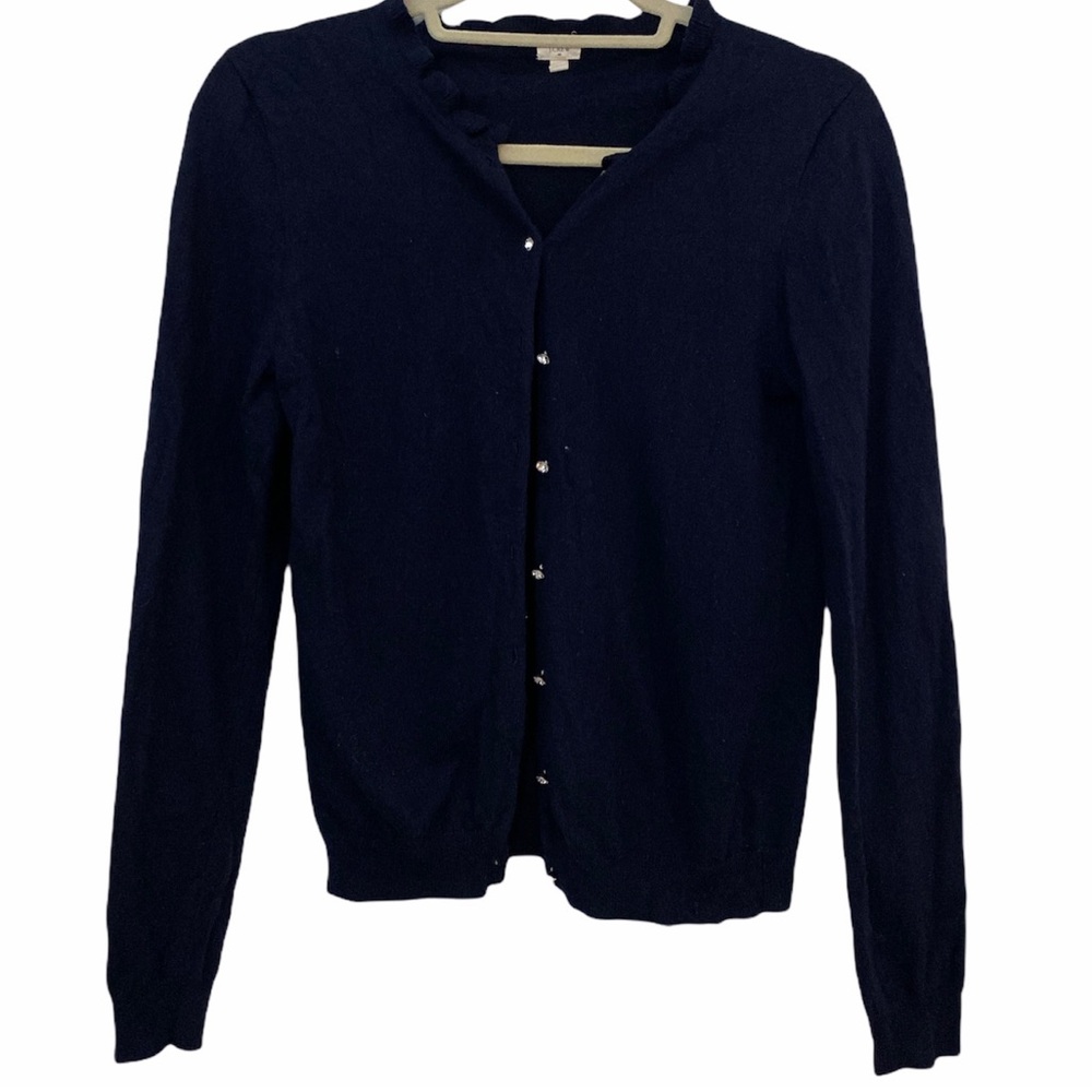 J.Crew Womens Navy Blue Jackie Wool Blend Cardigan Ruffle Collar Size Small
